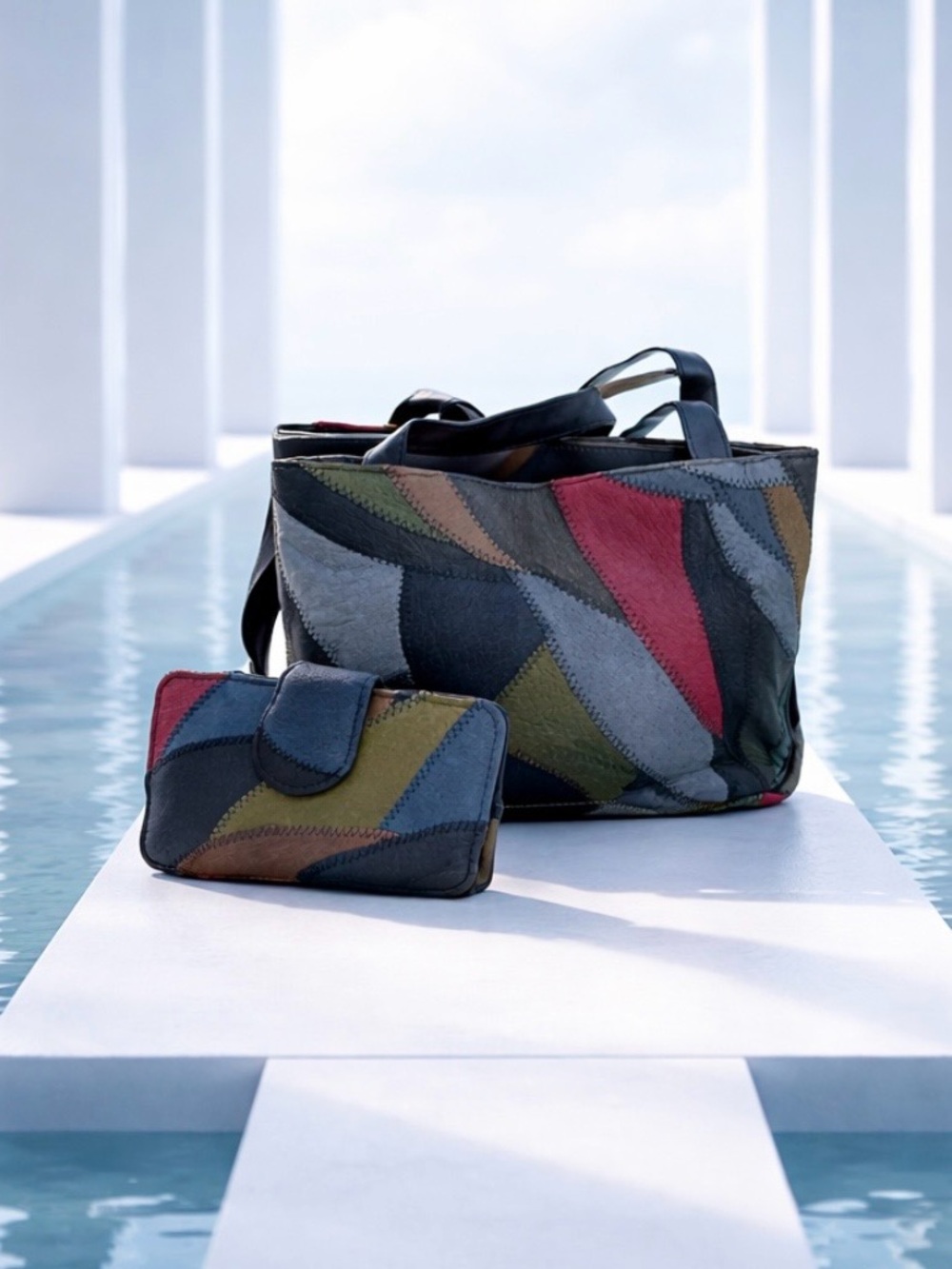La covina Leather Tote with Matching Wallet - Multicolor Accent